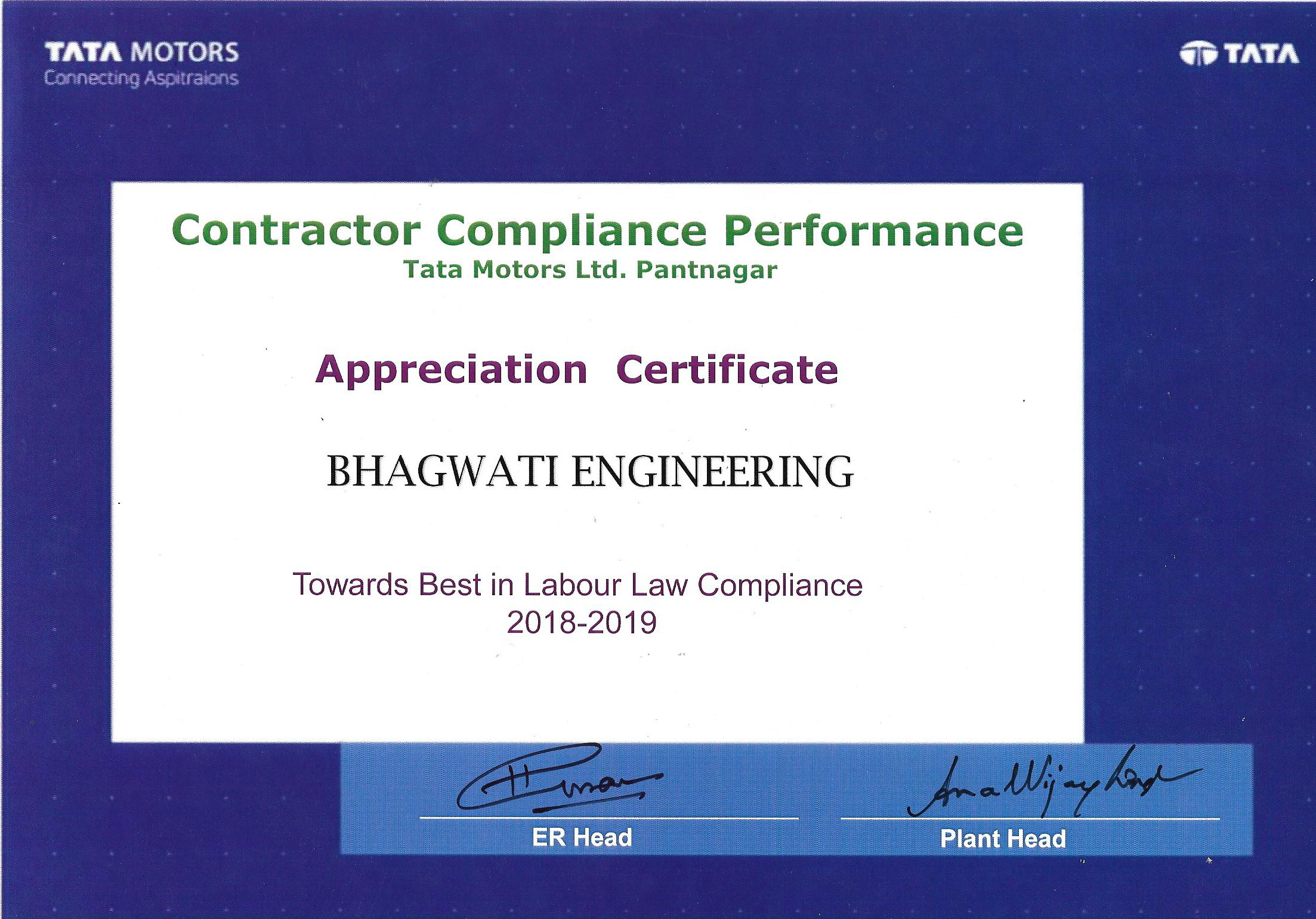 Labour Law Compliance Excellence – Tata Motors (2018–2019)