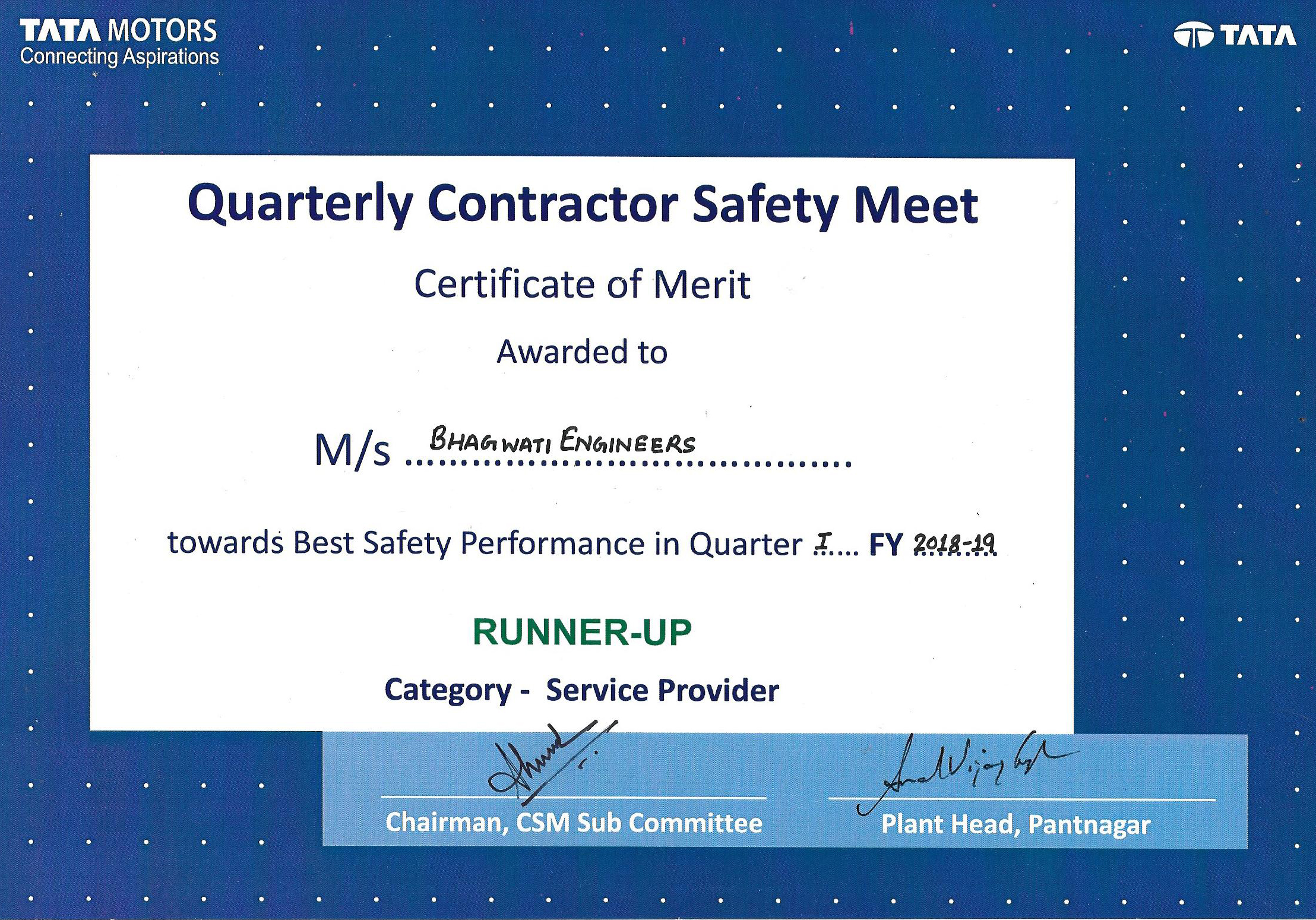 Runner-Up Safety Award – Q1 FY 2018–19
