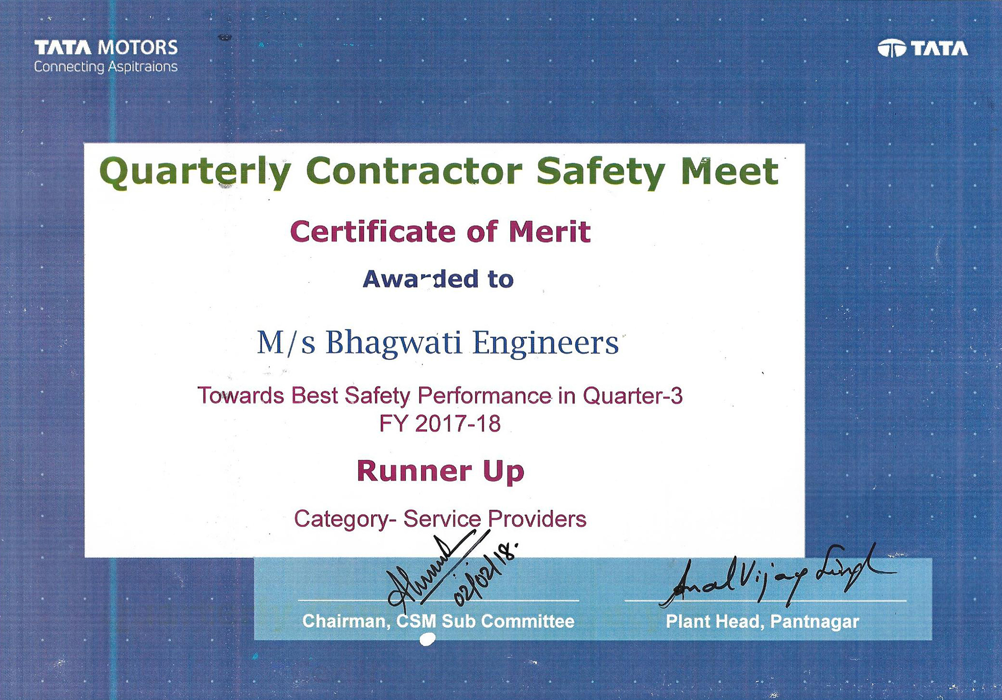 Runner-Up Safety Award – Q3 FY 2017–18